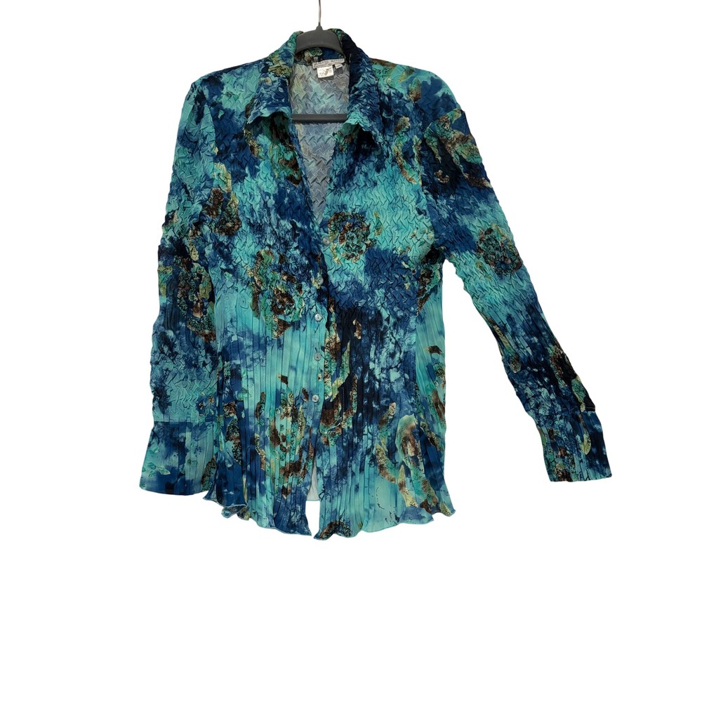 Vintage Alberto Makali sz XL shades of ocean blue crinkle button down blouse R